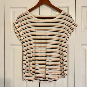 LL Bean Women Tee Shirt Small Cap Sleeve White Neutral Stripes Cotton Modal